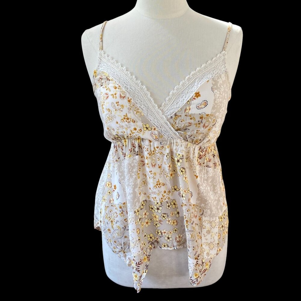 NOBO Patchwork Floral Lace Trim Tank Top Y2K Handkerchief Hem Cottage Boho-M